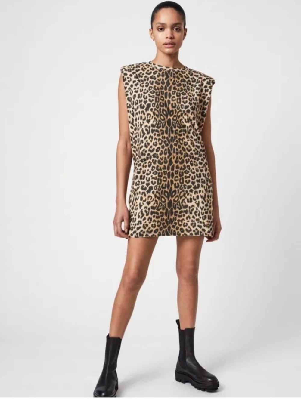 ALLSAINTS coni tank dress with shoulder pads and leopard print size S